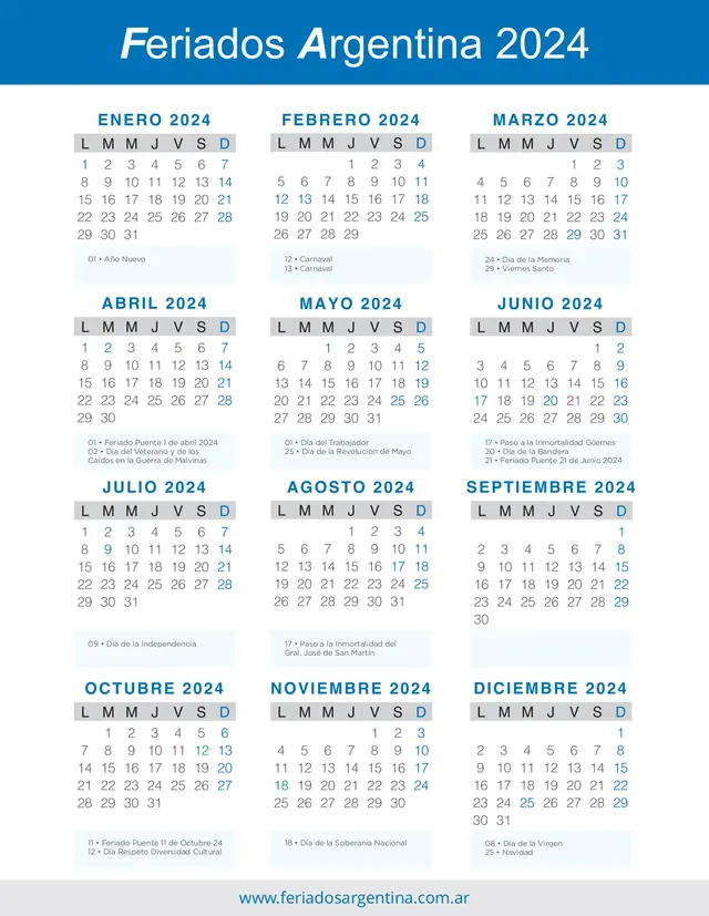 Calendario 2024 argentina con feriados para imprimir