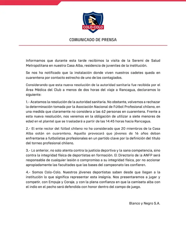 Comunicado de Colo Colo.