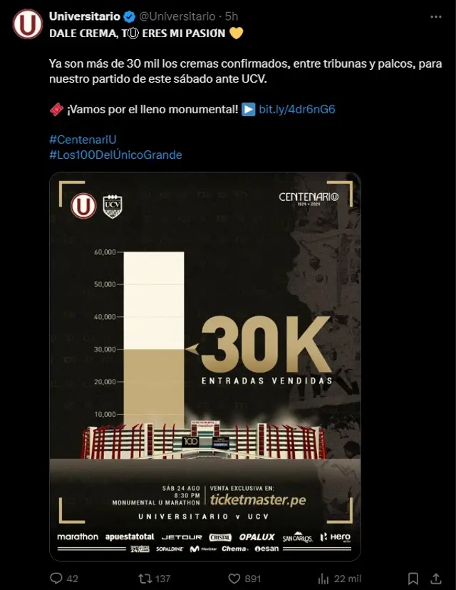 Reporte de entradas para el Universitario vs. César Vallejo.   