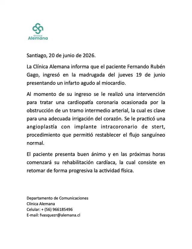 La Clínica Alemana comunicó el estado de salud de Fernando Gago tras infarto La Clínica Alemana comunicó el estado de salud de Fernando Gago tras infarto