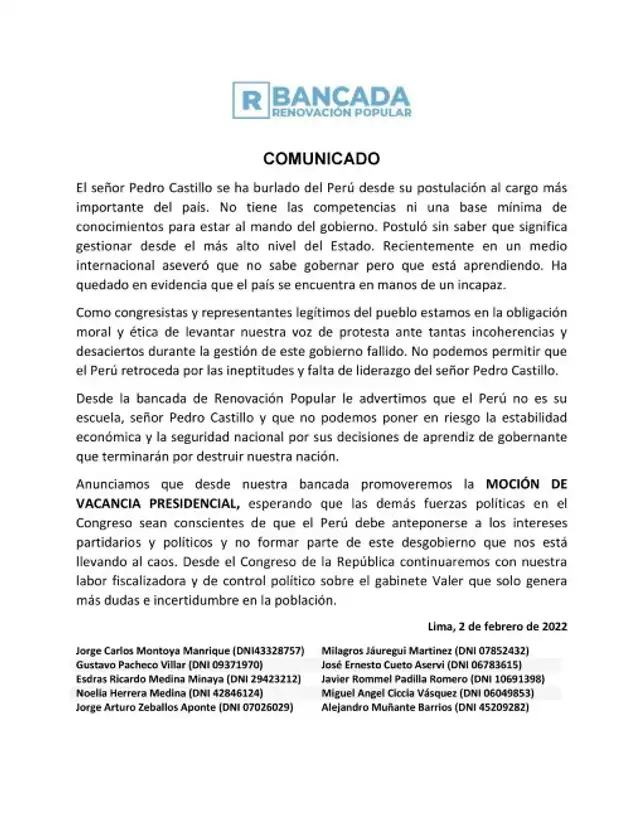 Moción de vacancia presidencial contra Pedro Castillo