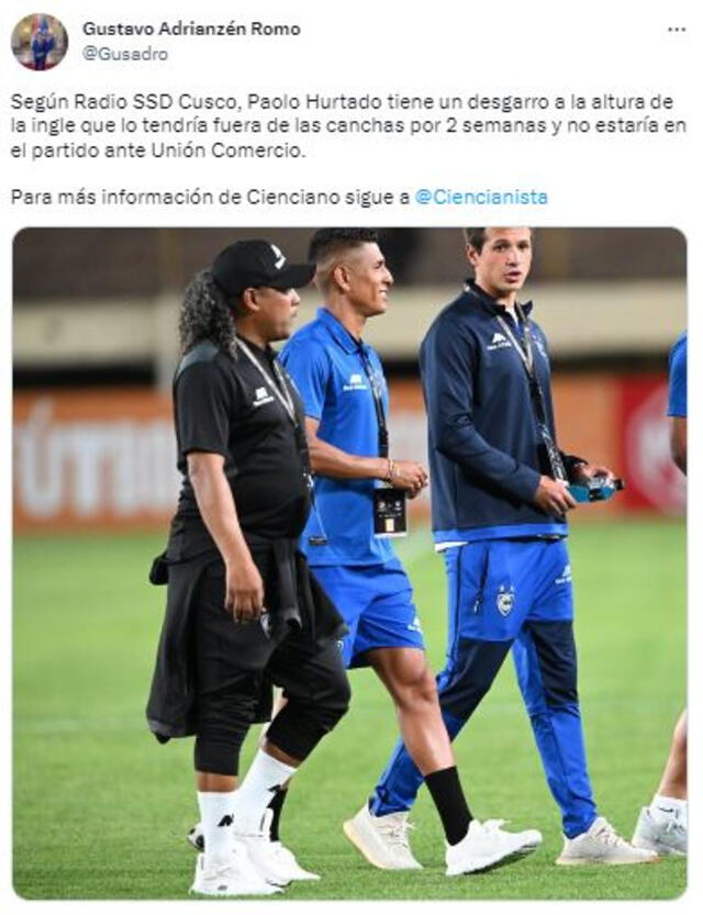 Paolo Hurtado será baja en Cienciano las próximas semanas.