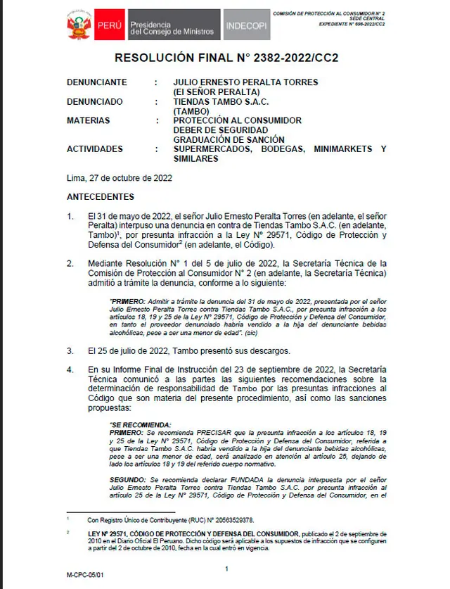 <strong>Resolución N°2382-2022/CC2</strong> de Indecopi a favor de la denuncia hacia Tambo / Foto: INDECOPI <strong>Resolución N°2382-2022/CC2</strong> de Indecopi a favor de la denuncia hacia Tambo / Foto: INDECOPI