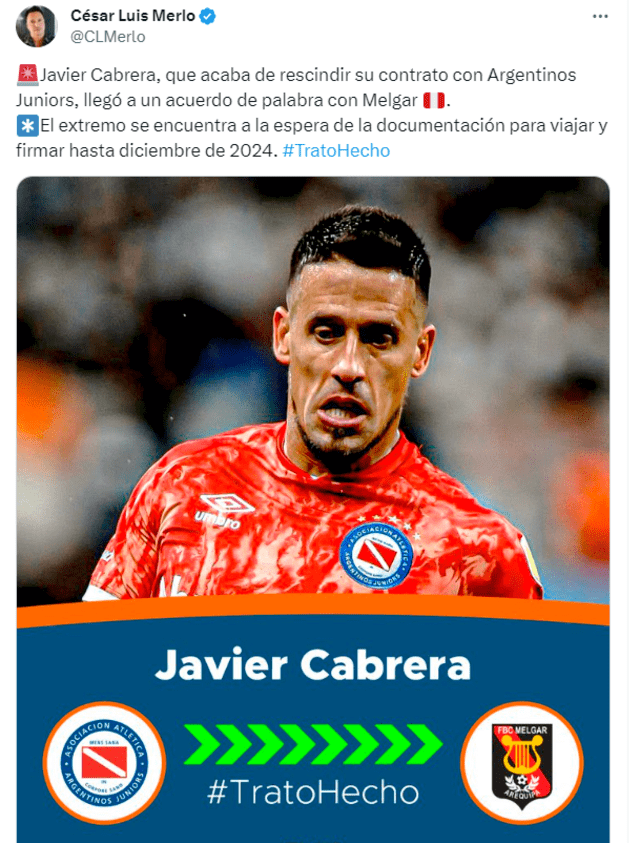  Javier Cabrera firmará con FBC Melgar hasta diciembre de 2024.   