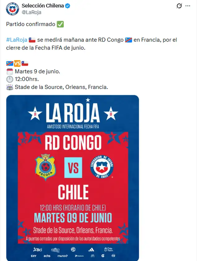 La Federación Chilena confirmo el partido