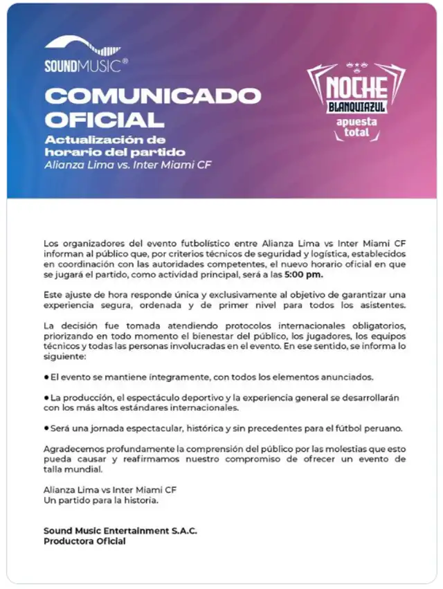  Comunicado oficial Noche Blanquiazul | Vía Soundmusic   