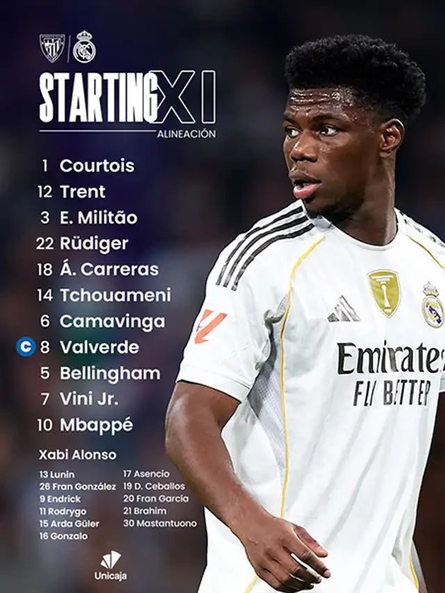 Alineación de Real Madrid vs. Athletic Bilbao.   