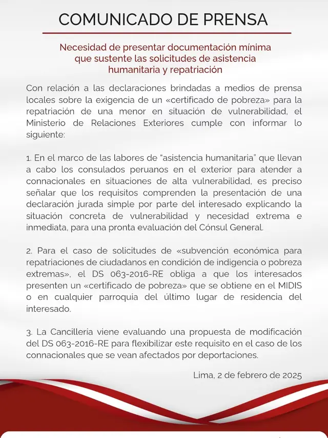 Comunicado de la Cancillería peruana Certificado de pobreza