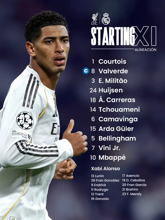 Alineación de Real Madrid vs. Liverpool.   