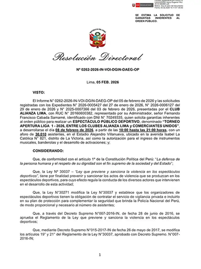 Alianza Lima vs Comerciantes Unidos, Mininter