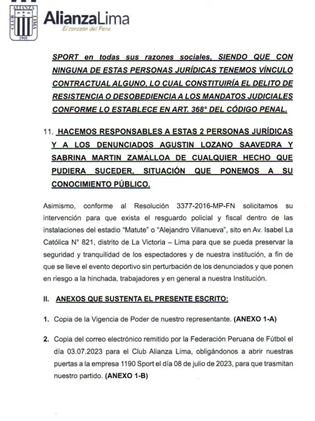 Alianza Lima envió comunicado a Junta de Fiscales Supremos.