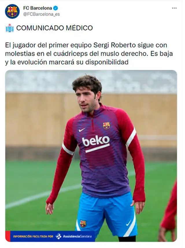 Sergi Roberto es baja para el Barcelona vs. Benfica por Champions League.   