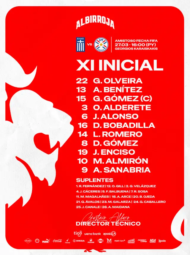 Alineación de Paraguay vs. Grecia.  