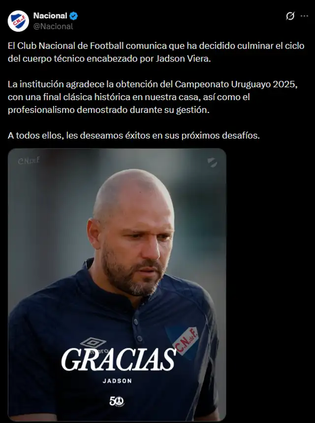 Nacional se quedo sin entrenador. Foto: X Nacional se quedo sin entrenador. Foto: X