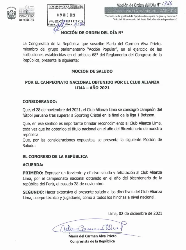 Alianza Lima es felicitado por el Congreso de la República.
