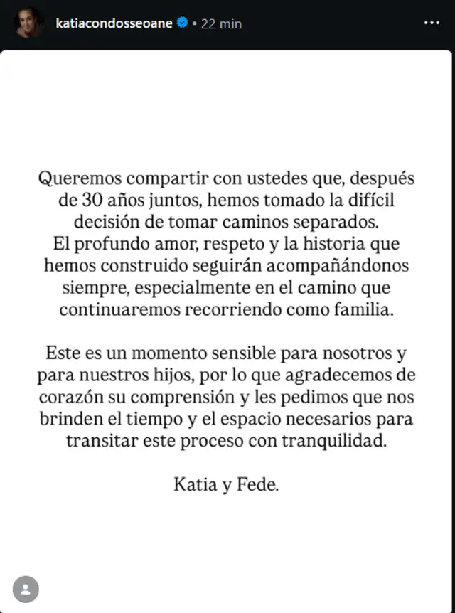 Katia Condos y Federico Salazar anunciaron su separación. 