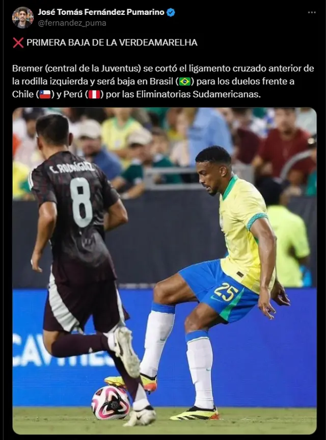  Bremer se lesionó y no podrá disputar los partidos contra Chile y Perú.    