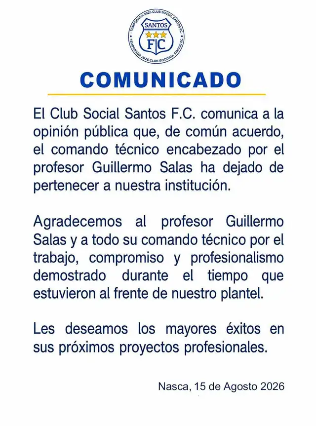 Santos FC anunció la destitución de Guillermo Salas Santos FC anunció la destitución de Guillermo Salas