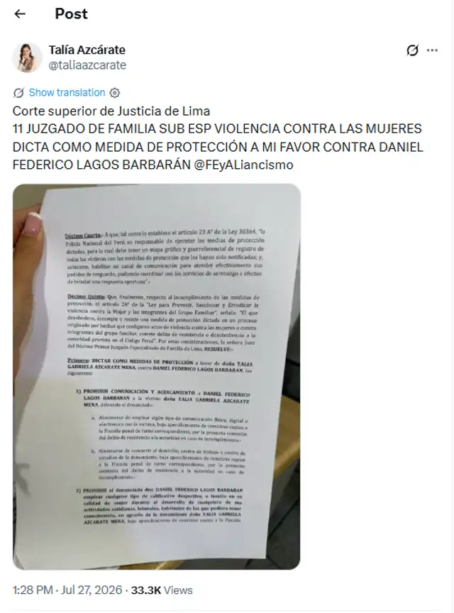 Publicación de Talía Azcárate. Foto: X  