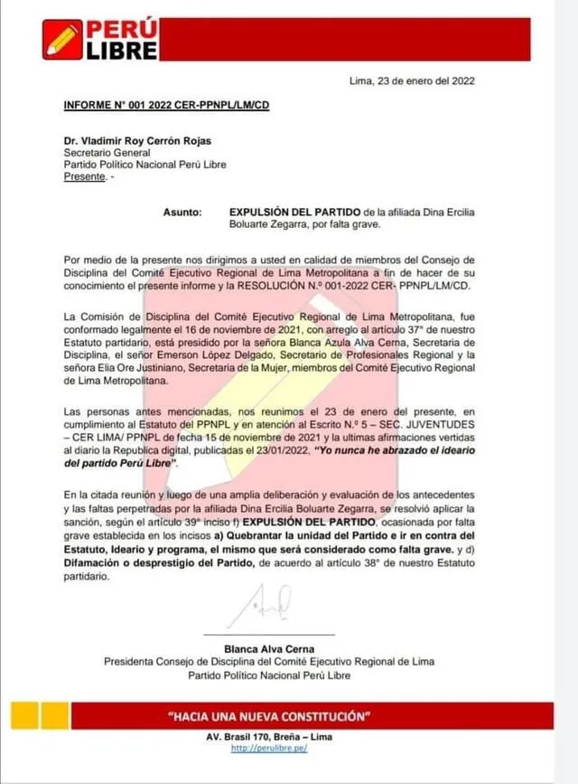 Comunicado Perú Libre. Captura: Jonathan Castro - Twitter   