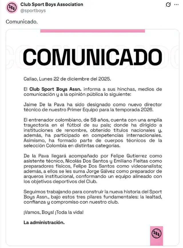 Comunicado de Sport Boys: Nuevo DT