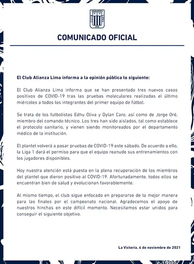 Comunicado de Alianza Lima con relación a los nuevos contagios.   