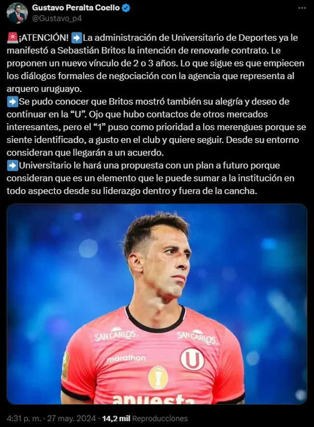 Sebastián Britos renovaría contrato con Universitario