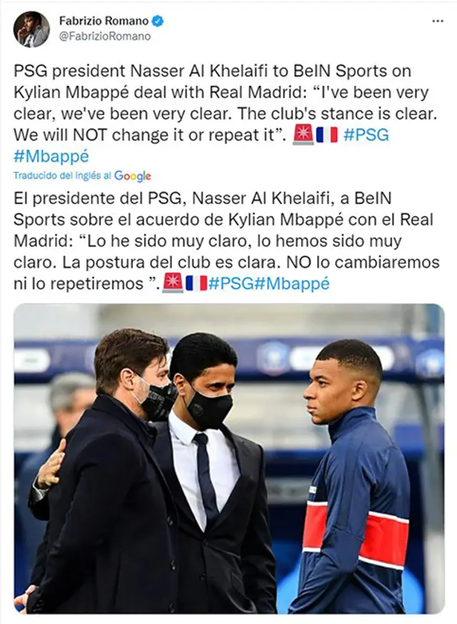 Declaraciones del presidente del PSG sobre posible traspaso de Mbappé.   