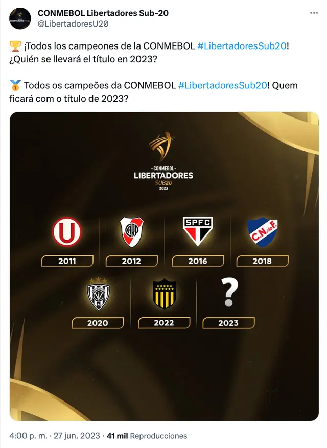 Conmebol recordó a Universitario como reciente campeón de la Copa Libertadores Sub 20/ Foto: Twitter   