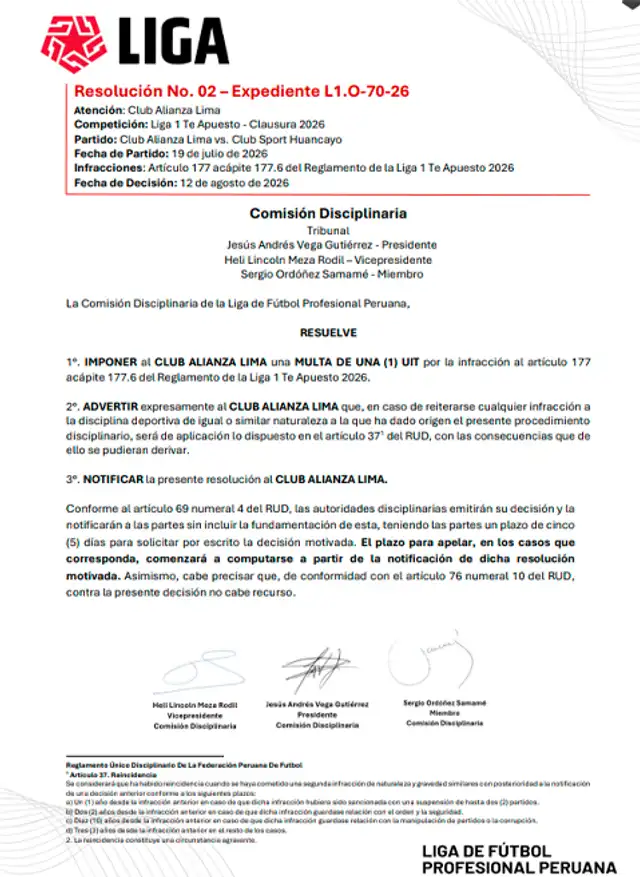 Comisión Disciplinaria de la FPF, Alianza Lima