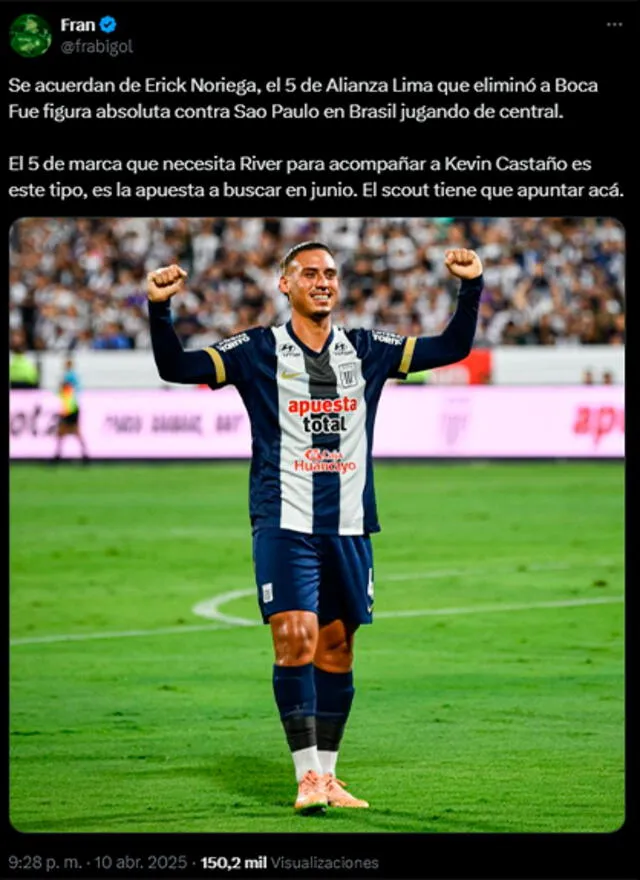Hinchas de River Plate piden a Erick Noriega como fichaje