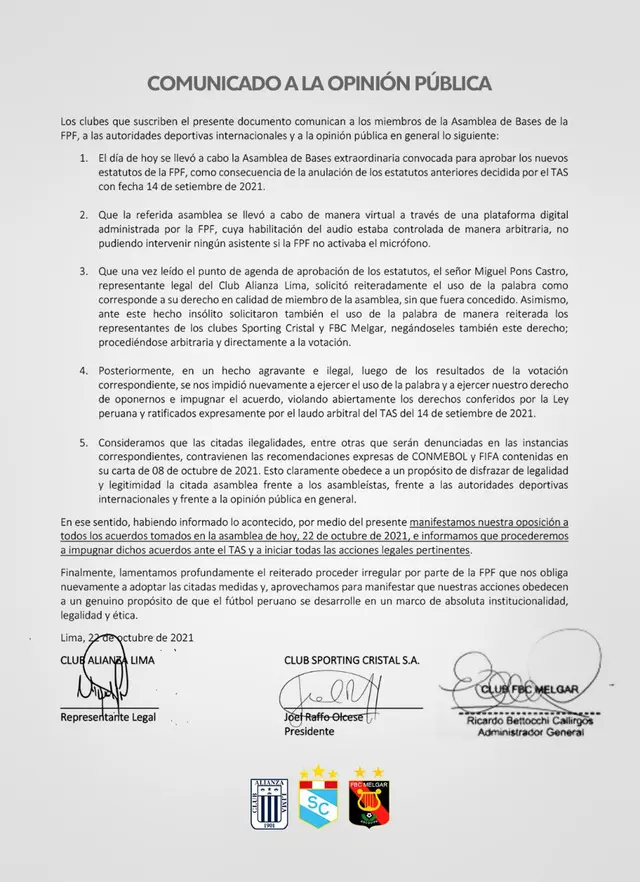 Comunicado en conjunto de Alianza, Cristal y Melgar. Comunicado en conjunto de Alianza, Cristal y Melgar.