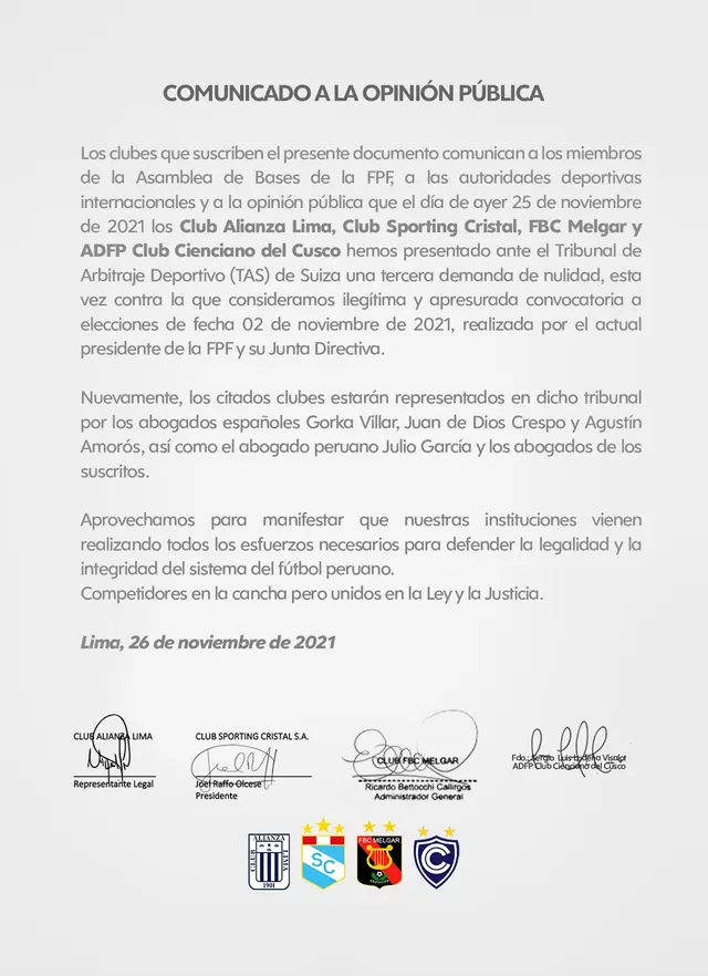 Comunicado de equipos contra la FPF. Comunicado de equipos contra la FPF.