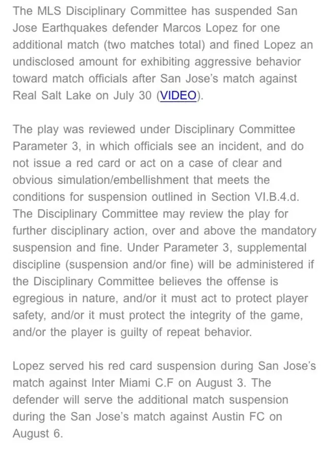 Multa a Marcos López de parte de la MLS.