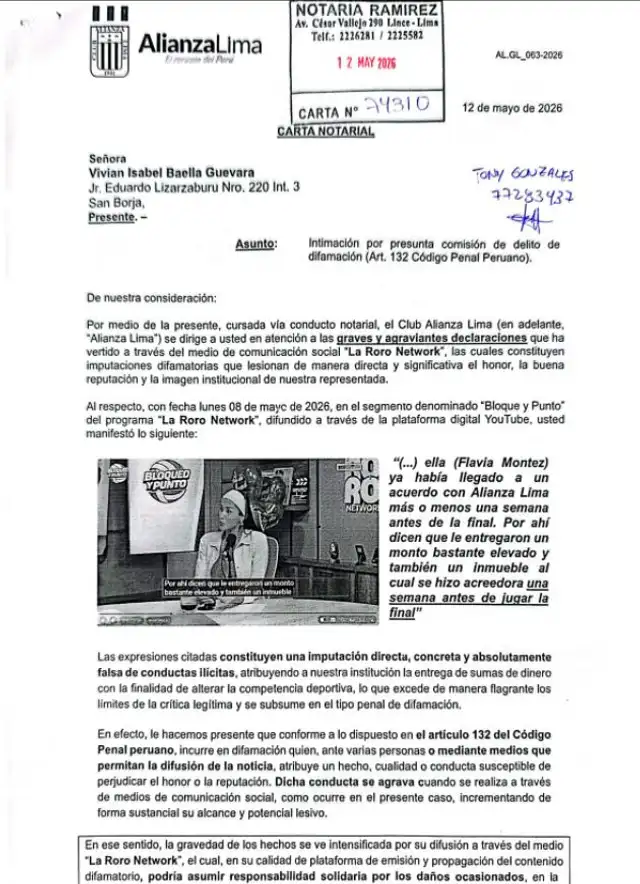 Alianza Lima envió carta notarial a Vivian Baella. Alianza Lima envió carta notarial a Vivian Baella.