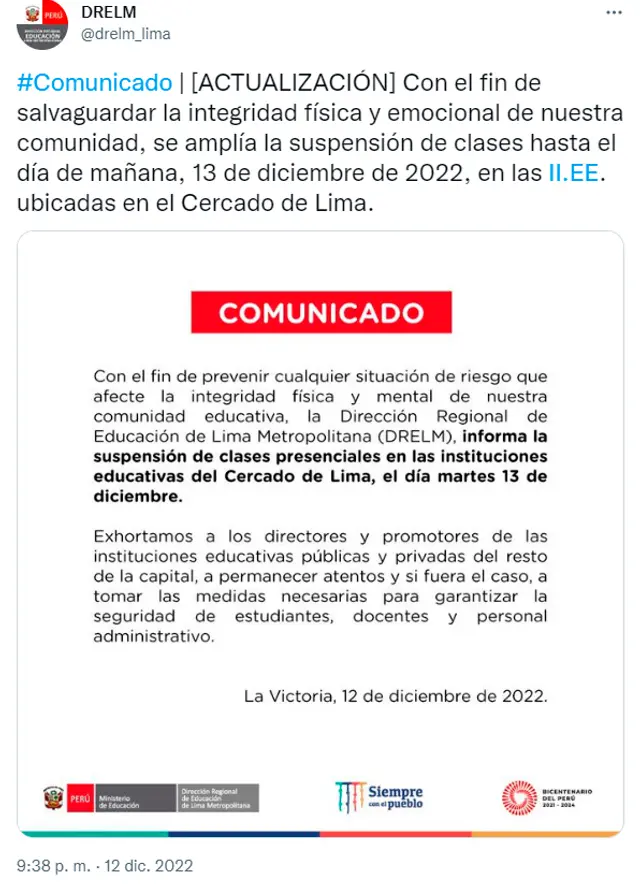  suspensión de clases presenciales instituciones educativas  Cercado de Lima 