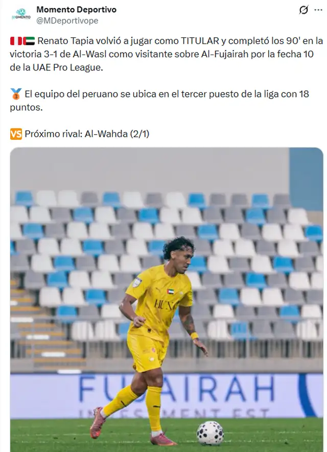 Renato Tapia volvió a ganar con su club en EAU 