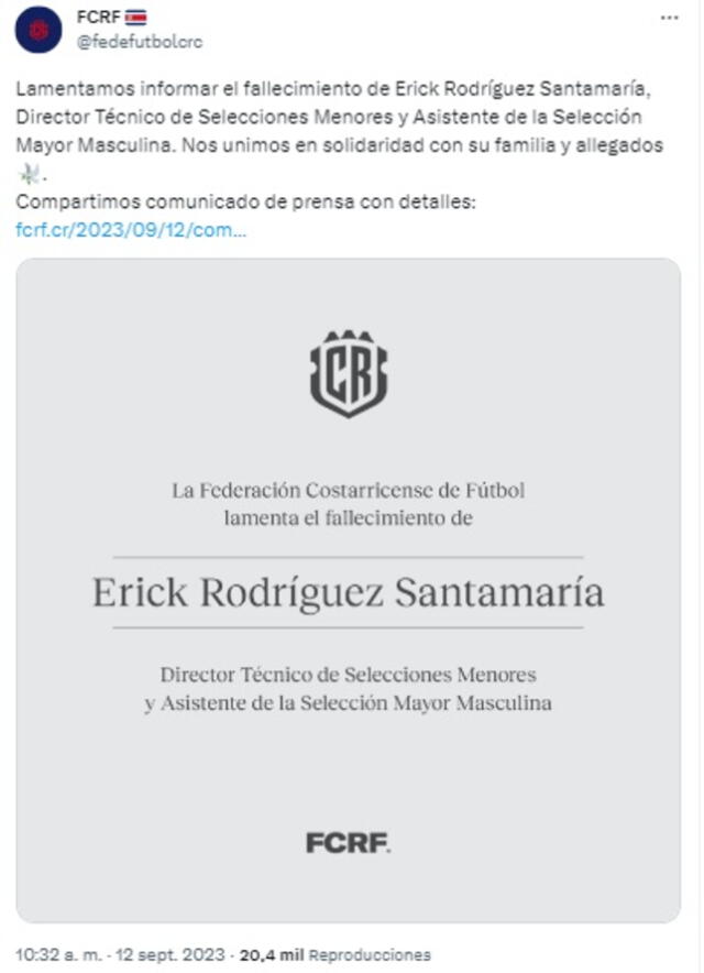 Federación de Costa Rica sobre el fallecimiento de Erick Rodríguez