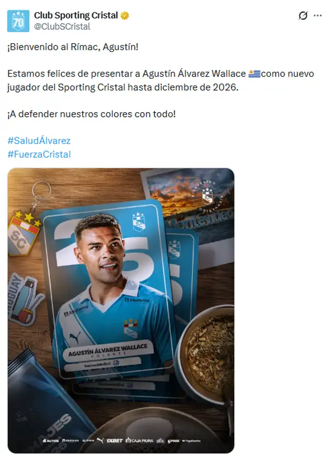 Sporting Cristal anuncio a Agustín Álvarez Sporting Cristal anuncio a Agustín Álvarez