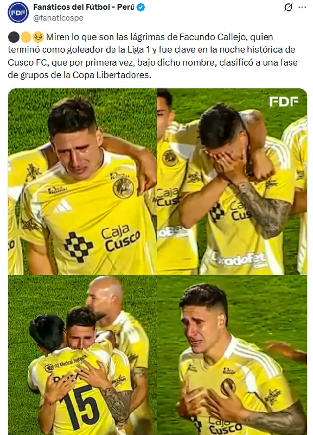 Facundo Callejo entre lágrimas tras ser figura y goleador de Cusco FC en la Liga 1 / Fuente: FDF Facundo Callejo entre lágrimas tras ser figura y goleador de Cusco FC en la Liga 1 / Fuente: FDF