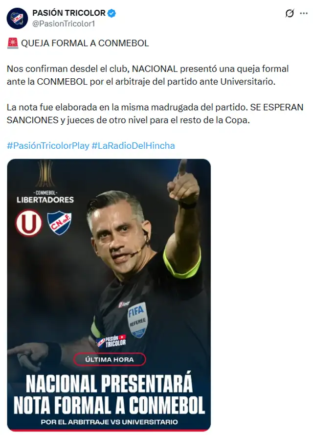 Nacional presentó reclamó tras el partido ante Universitario