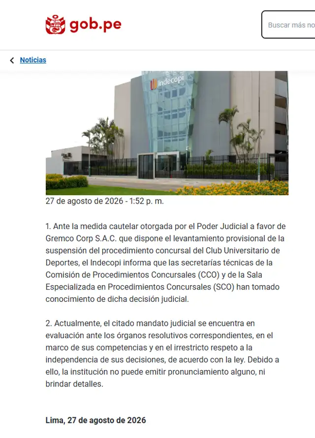 Indecopi se pronunció sobre el caso entre Universitario y Gremco