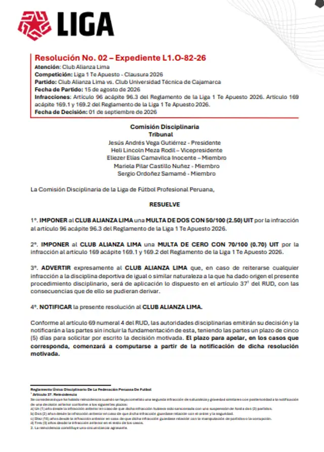 La multa de la Comisión Disciplinaria a Alianza Lima tras partido ante UTC