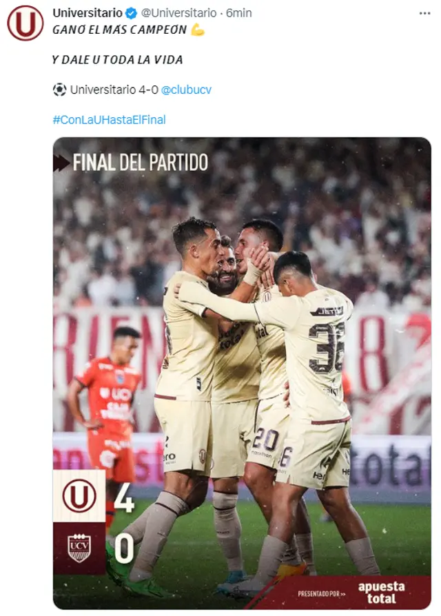 Universitario lanzó picante mensaje tras golear a César Vallejo.