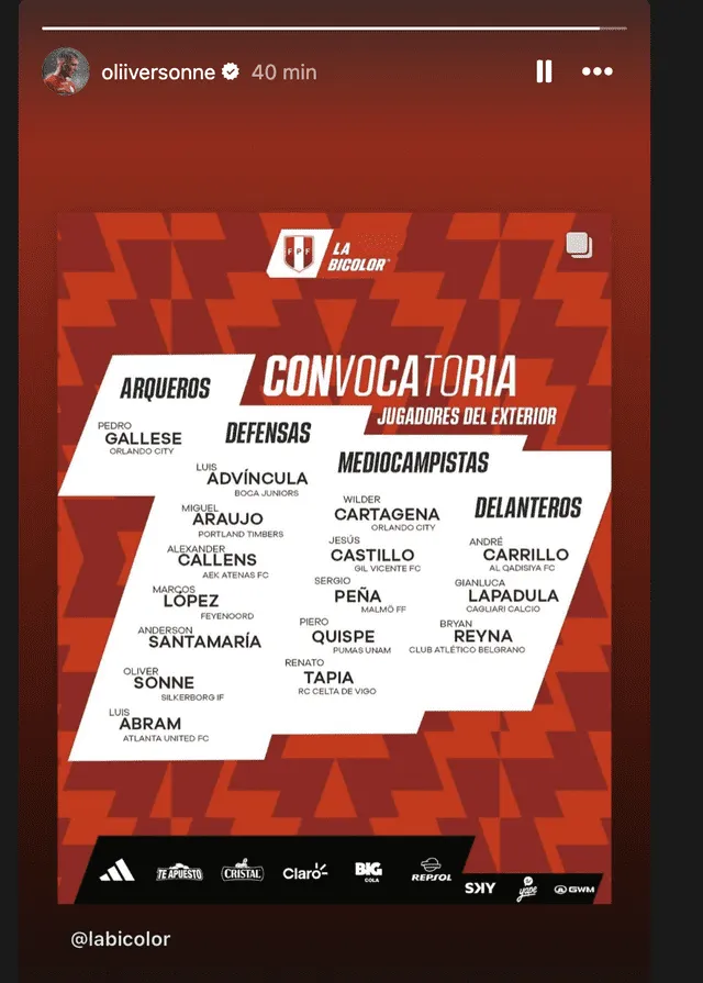 Convocatoria de Oliver Sonne. / Foto: Instagram de Oliver Sonne