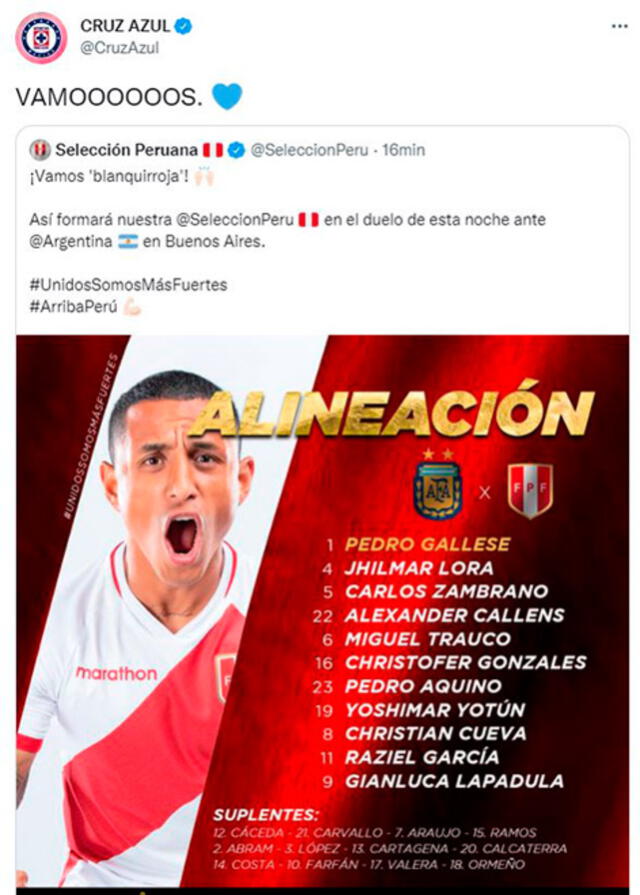 Mensaje de aliento de Cruz Azul a la Selección Peruana. Mensaje de aliento de Cruz Azul a la Selección Peruana.