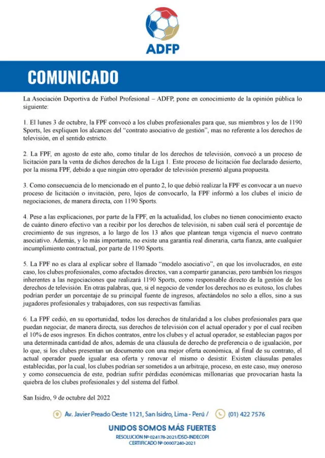Comunicado de ADFP.
