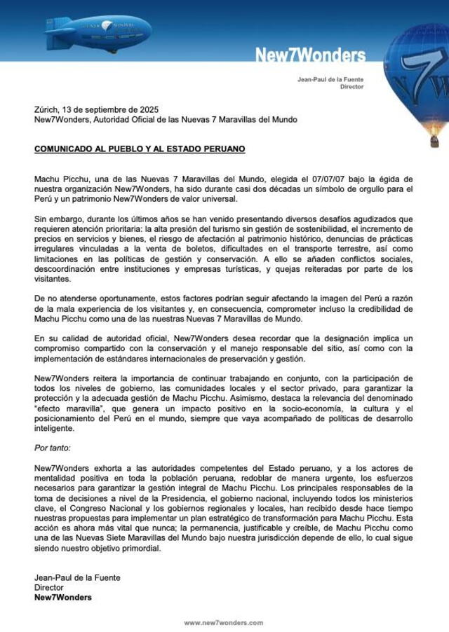Comunicado de New7Wonders. Comunicado de New7Wonders.