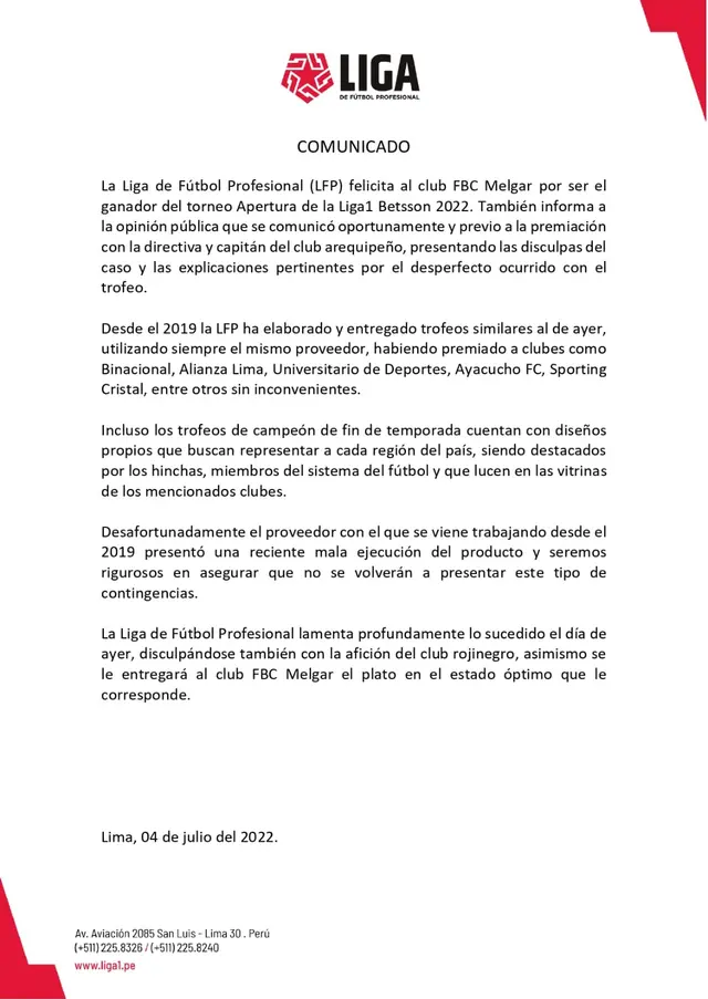 Comunicado de Liga 1 sobre trofeo de Melgar.