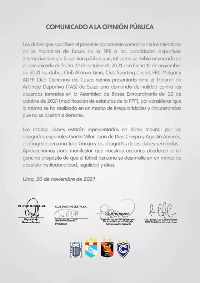 Documento de Alianza, Cristal, Melgar y Cienciano. Documento de Alianza, Cristal, Melgar y Cienciano.